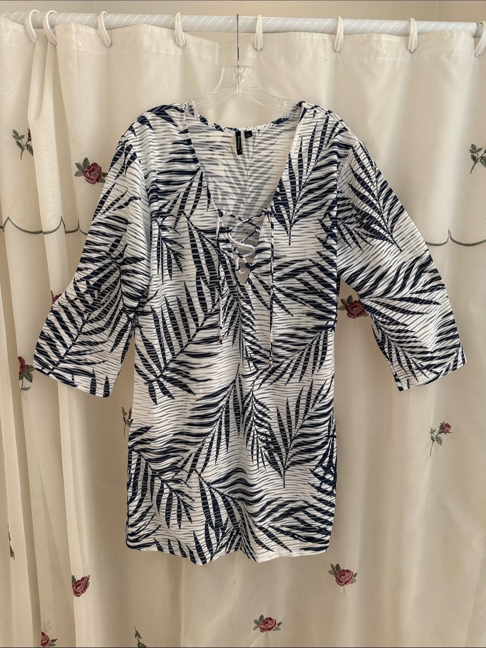Portocruz Women's Navy Palm-Print Lace-Up Tunic Top or Beach Cover-up